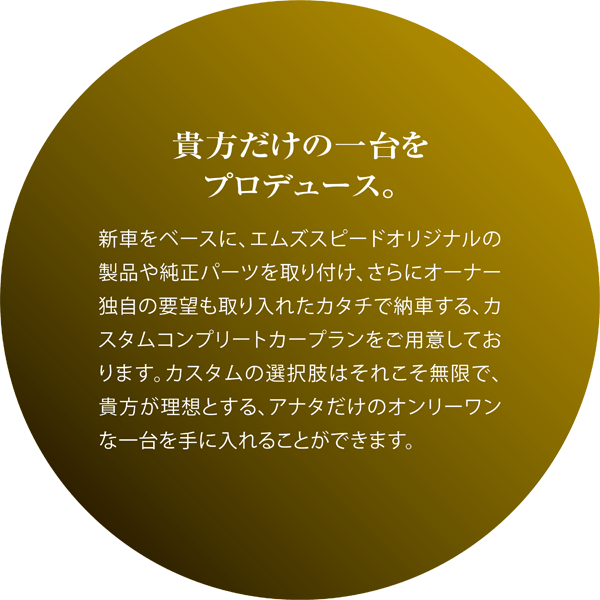 貴方だけの一台をプロデュース。新車をベースに、エムズスピードオリジナルの製品や純正パーツを取り付け、さらにオーナー独自の要望も取り入れたカタチで納車する、カスタムコンプリートカープランをご用意しております。カスタムの選択肢はそれこそ無限で、貴方が理想とする、アナタだけのオンリーワンな一台を手に入れることができます。