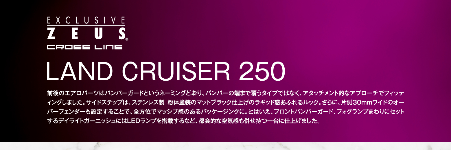 EXCLUSIVE ZEUS CROSS LINE LAND CRUISER 250 前後のエアロパーツはバンパーガードというネーミングどおり、バンパーの端まで覆うタイプではなく、アタッチメント的なアプローチでフィッティングしました。サイドステップは、ステンレス製 粉体塗装のマットブラック仕上げのラギッド感あふれるルック。さらに、片側30mmワイドのオーバーフェンダーも設定することで、全方位でマッシブ感のあるパッケージングに。とはいえ、フロントバンパーガード、フォグランプまわりにセットするデイライトガーニッシュにはLEDランプを搭載するなど、都会的な空気感も併せ持つ一台に仕上げました。