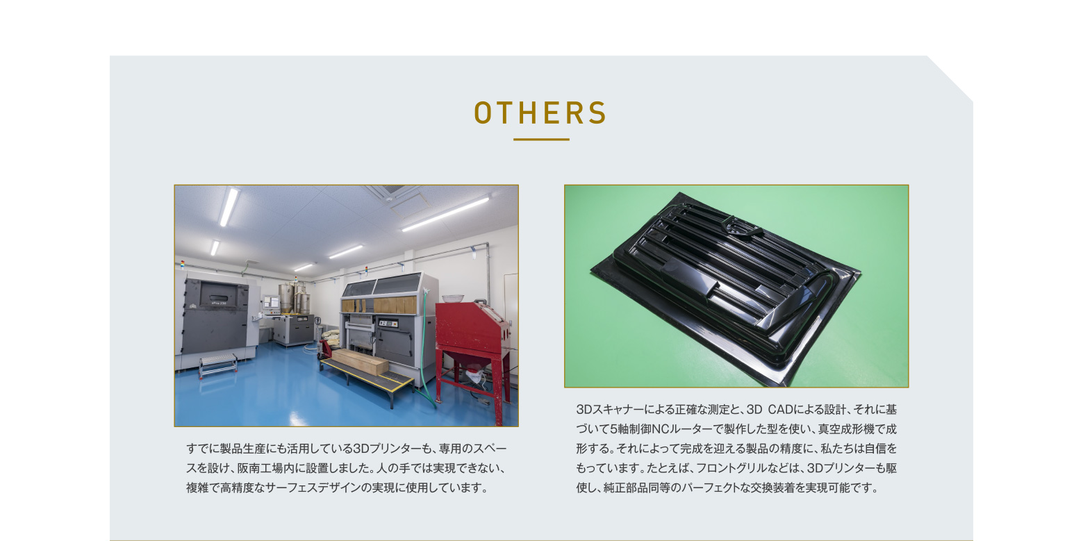 OTHERS すでに製品生産にも活用している3Dプリンターも、専用のスペースを設け、阪南工場内に設置しました。人の手では実現できない、複雑で高精度なサーフェスデザインの実現に使用しています。3Dスキャナーによる正確な測定と、3D CADによる設計、それに基づいて5軸制御NCルーターで製作した型を使い、真空成形機で成形する。それによって完成を迎える製品の精度に、私たちは自身をもっています。たとえば、フロントグリルなどは、3Dプリンターも駆使し、純正部品同等のパーフェクトな交換装着を実現可能です。