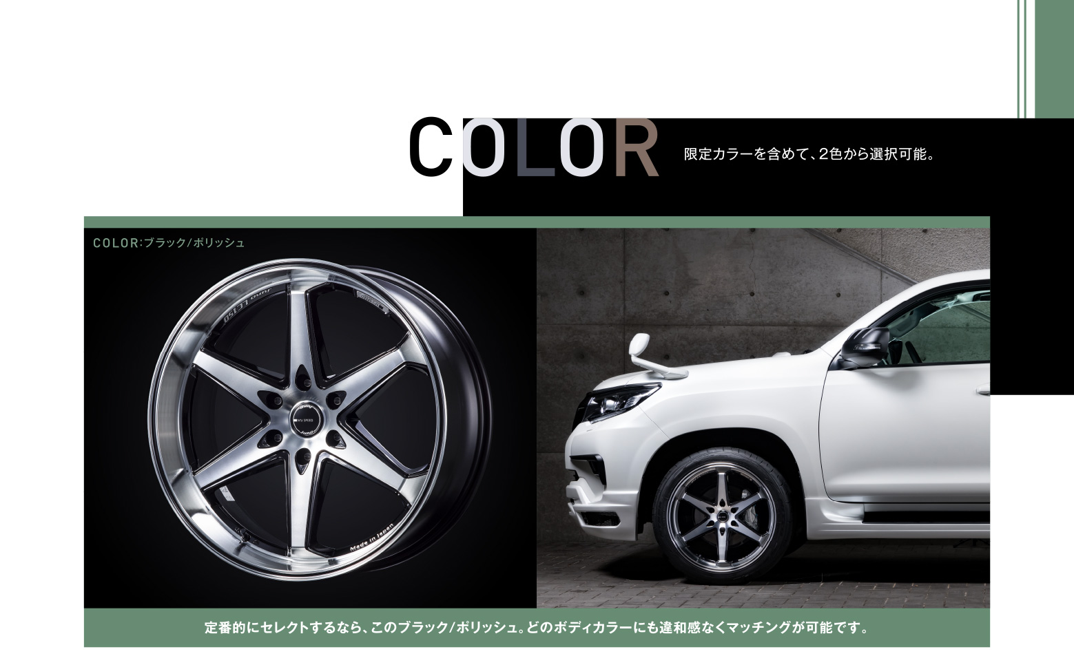 COLOR 限定カラーを含めて、2色から選択可能。COLOR：ブラック/ポリッシュ 定番的にセレクトするなら、このブラック/ポリッシュ。どのボディカラーにも違和感なくマッチングが可能です。