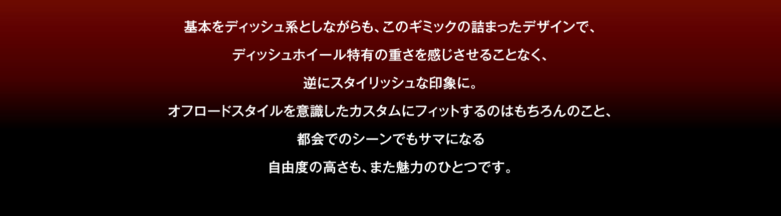 基本をディッシュ系としながらも、このギミックの詰まったデザインで、ディッシュホイール特有の重さを感じさせることなく、逆にスタイリッシュな印象に。オフロードスタイルを意識したカスタムにフィットするのはもちろんのこと、都会でのシーンでもサマになる自由度の高さも、また魅力のひとつです。