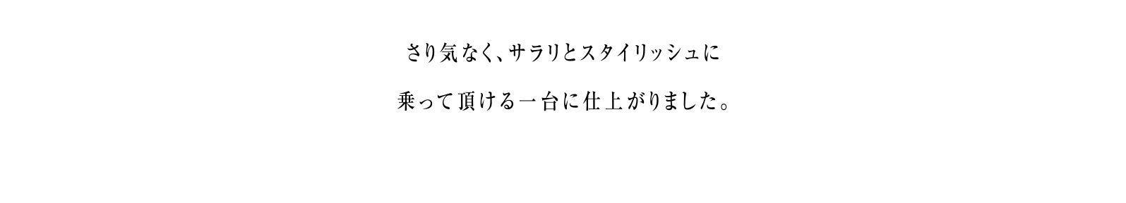 さり気なく、サラリとスタイリッシュに乗って頂ける一台に仕上がりました。