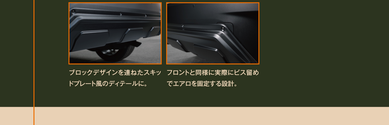 ブロックデザインを連ねたスキッドプレート風のディテールに。フロントと同様に実際にビス留めでエアロを固定する設計。
