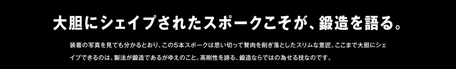 大胆にシェイプされたスポークこそが、鍛造を語る。装着の写真を見ても分かるとおり、この5本スポークは思い切って贅肉を削ぎ落としたスリムな意匠。ここまで大胆にシェイプできるのは、製法が鍛造であるがゆえのこと。高剛性を誇る、鍛造ならではの為せる技なのです。