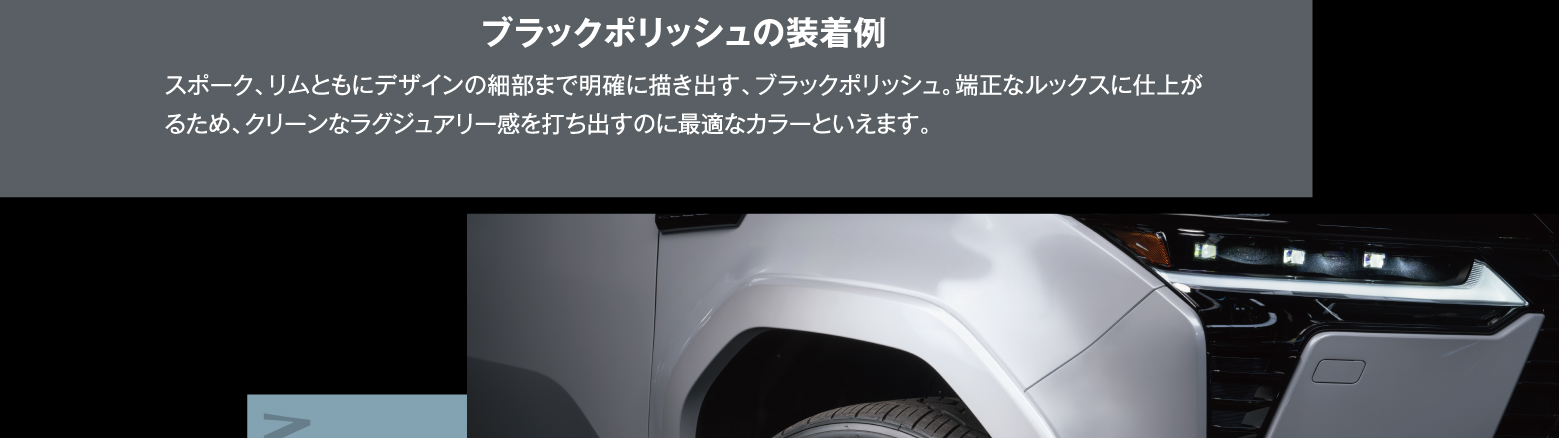 ブラックポリッシュの装着例: スポーク、リムともにデザインの細部まで明確に描き出す、ブラックポリッシュ。端正なルックスに仕上がるため、クリーンなラグジュアリー感を打ち出すのに最適なカラーといえます。