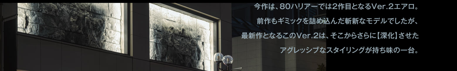 今作は、80ハリアーでは2作目となるVer.2エアロ。前作もギミックを詰め込んだ斬新なモデルでしたが、最新作となるこのVer.2は、そこからさらに【深化】させたアグレッシブなスタイリングが持ち味の一台。