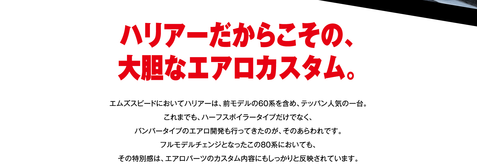 ハリアーだからこその、大胆なエアロカスタム。 エムズスピードにおいてハリアーは、前モデルの60系を含め、テッパン人気の一台。これまでも、ハーフスポイラータイプだけでなく、バンパータイプのエアロ開発も行ってきたのが、そのあらわれです。フルモデルチェンジとなったこの80系においても、その特別感は、エアロパーツのカスタム内容にもしっかりと反映されています。