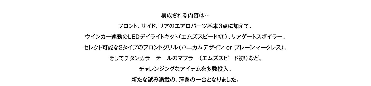 構成される内容は…フロント、サイド、リアのエアロパーツ基本3点に加えて、ウインカー連動のLEDデイライトキット(エムズスピード初！)、リアゲートスポイラー、セレクト可能な2タイプのフロントグリル(ハニカムデザイン or プレーンマークレス)、そしてチタンカラーテールのマフラー(エムズスピード初！)など、チャレンジングなアイテムを多数投入。新たな試み満載の、渾身の一台となりました。