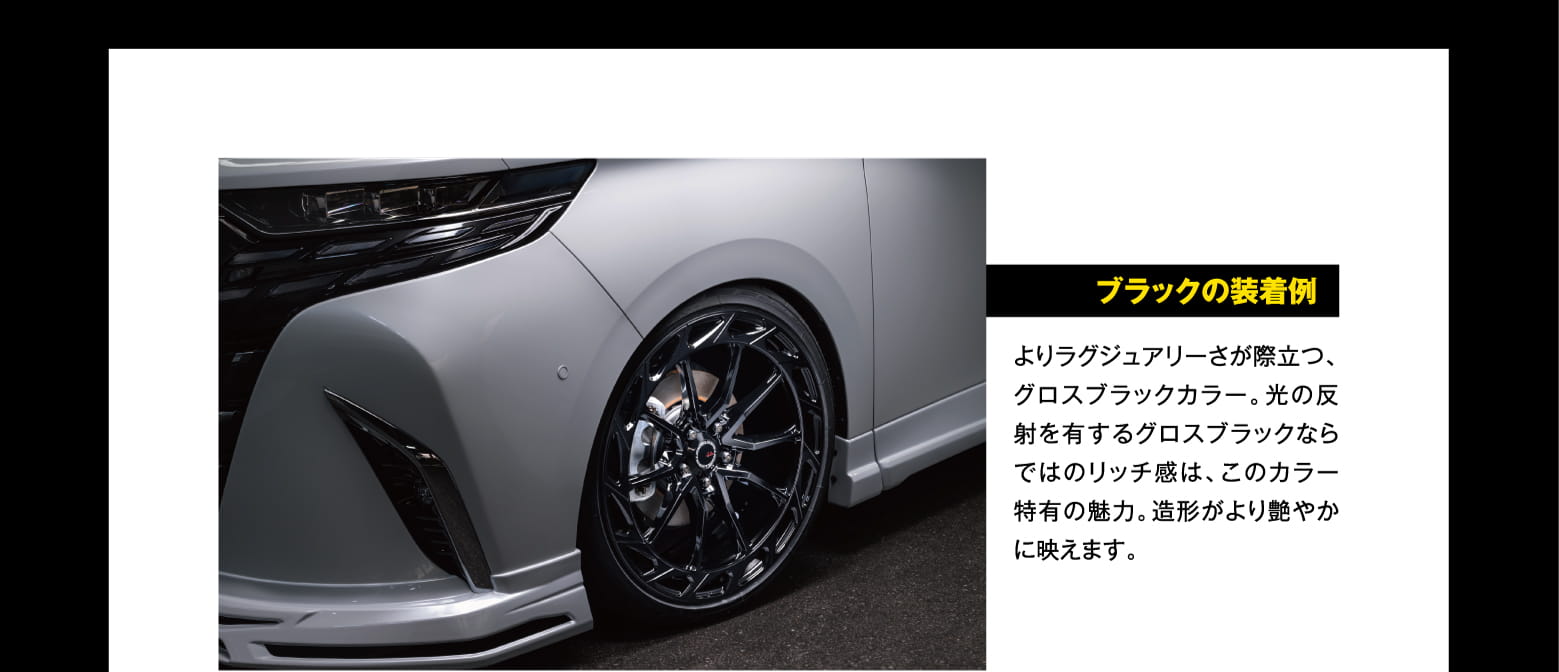 ブラックの装着例：よりラグジュアリーさが際立つグロスブラックカラー。光の反射を有するグロスブラックならではのリッチ感は、このカラー特有の魅力。造形がより艶やかに映えます。