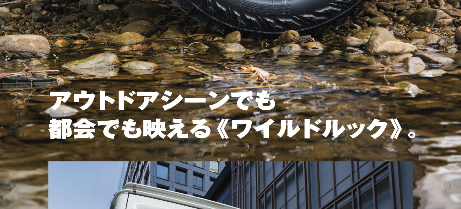 アウトドアシーンでも都会でも映える《ワイルドルック》。