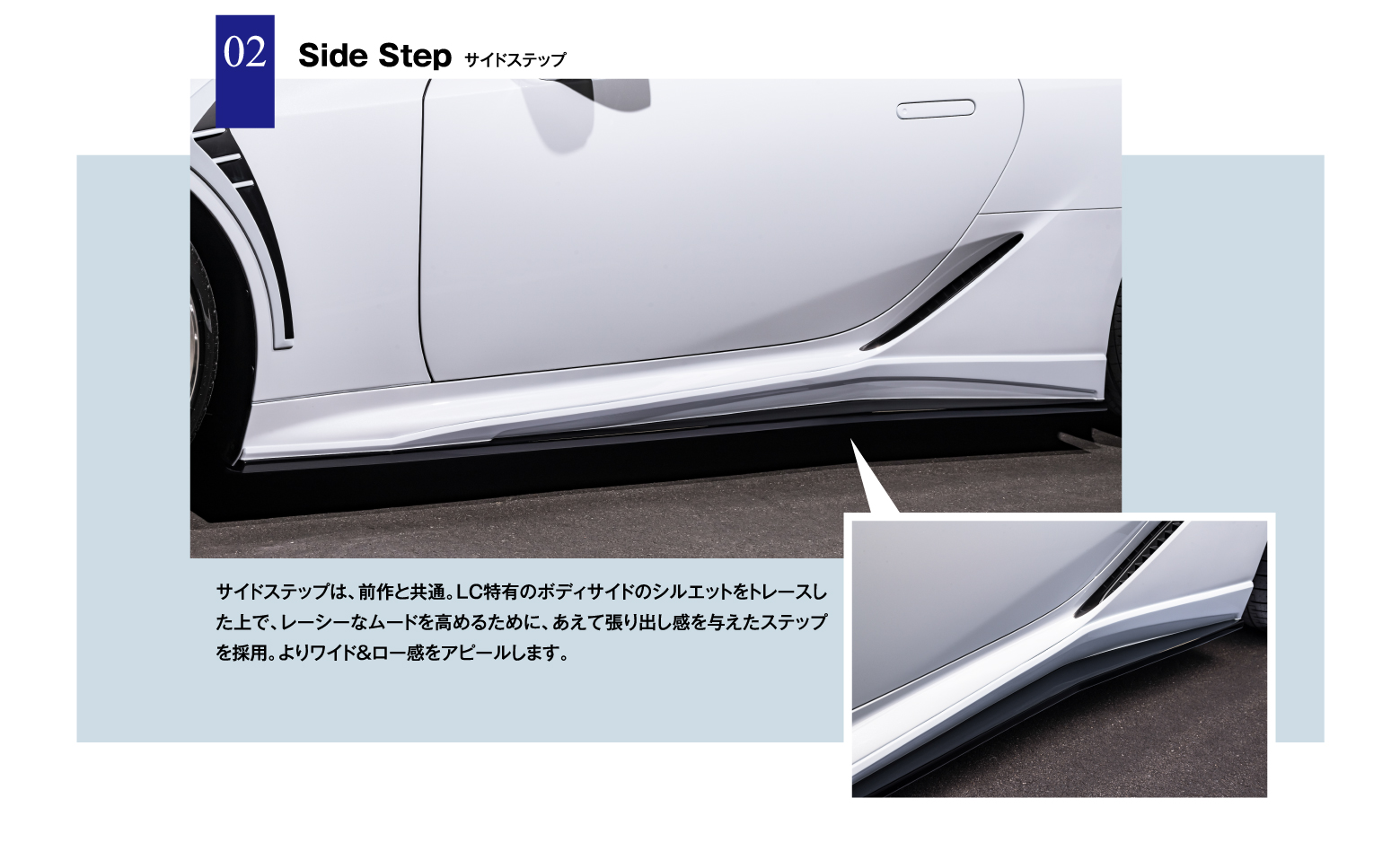 02 Side Step サイドステップ / サイドステップは、前作と共通。LC特有のボディサイドのシルエットをトレースした上で、レーシーなムードを高めるために、あえて張り出し感を与えたステップを採用。よりワイド＆ロー感をアピールします。