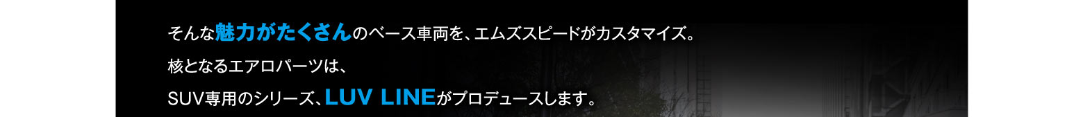 そんな魅力がたくさんのベース車両を、エムズスピードがcustomize。角となるエアロパーツは、SUV専用のSeries、LUV LINEがプロデュースします。