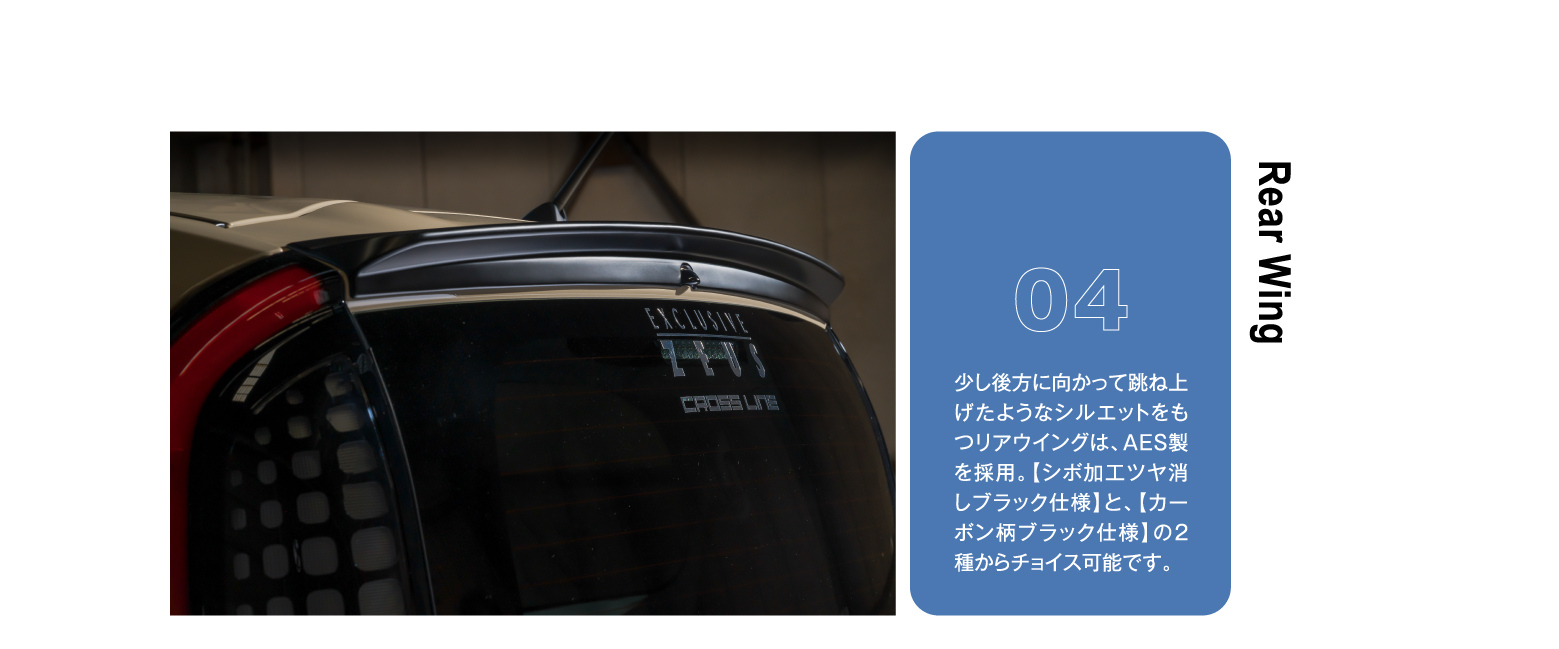 Rear Wing 04 少し後方に向かって跳ね上げたようなシルエットをもつリアウイングは、AES製を採用。【シボ加工ツヤ消しブラック仕様】と、【カーボン柄ブラック仕様】の2種からチョイス可能です。