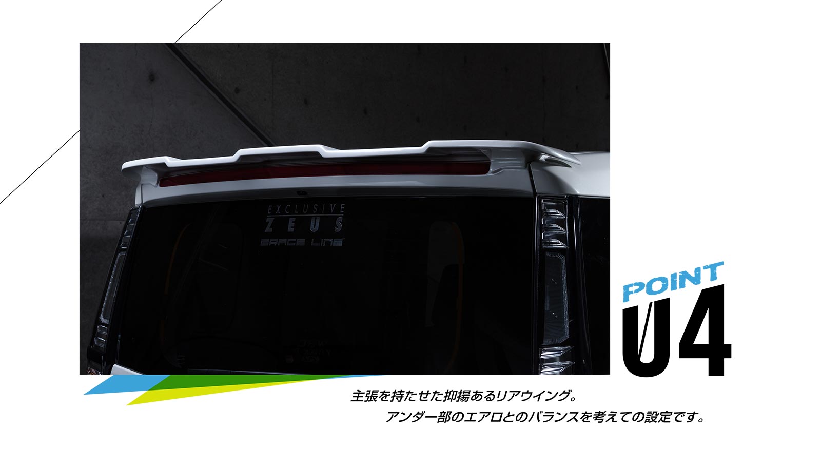 POINT04 主張を持たせた抑揚あるリアウイング。アンダー部のエアロとのバランスを考えての設定です。